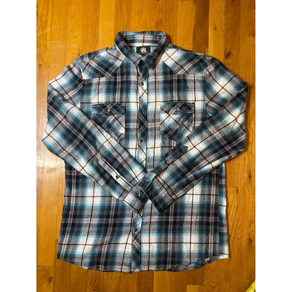 Rock & Republic Western Button-Up Mens XL Blue Plaid Long Sleeve Roll Tab